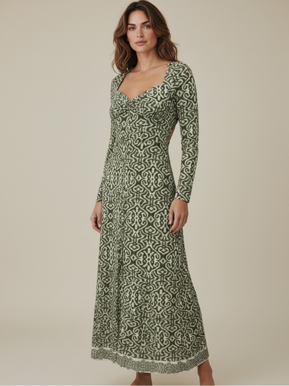 3 for $25 SALE 😎 butZara Boho Green Ikat Print Midi Dress Open Back Sweetheart